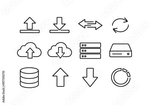 Line style vector icons of Upload download icons: upload, download, transfer, sync; cloud, server, storage, database; arrowup,