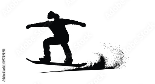 Snowboarder in mid air dynamic pose against a white background silhouette
