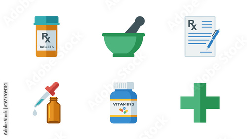 A set of medical icons including pills, mortar, and prescription on transparent background