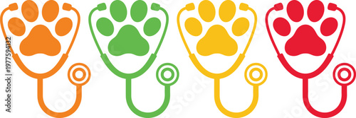 Colorful stylized paw prints with stethoscope earpieces