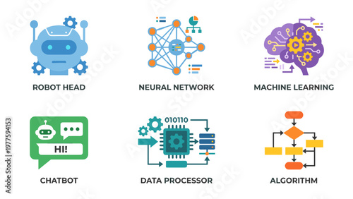 A set of six colorful vector graphics illustrating AI and machine learning concepts on transparent background