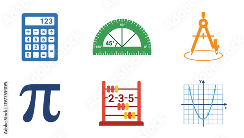 A set of colorful mathematical icons and symbols on transparent background