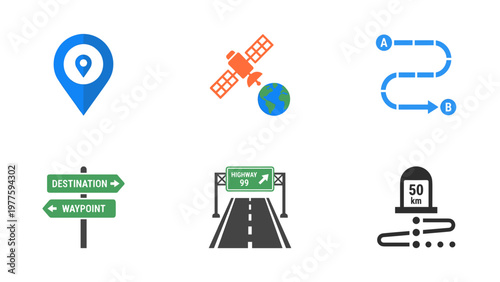 A set of navigation icons including a location pin, satellite, and road signs on transparent background