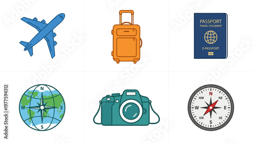 A set of travel icons including an airplane, luggage, passport, globe, camera, and compass on transparent background