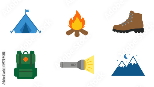 A set of colorful camping icons on transparent background