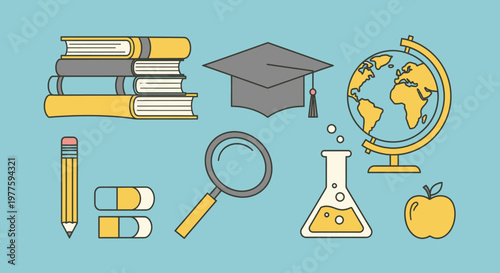 Education Tools And Learning Items On Light Blue Background.