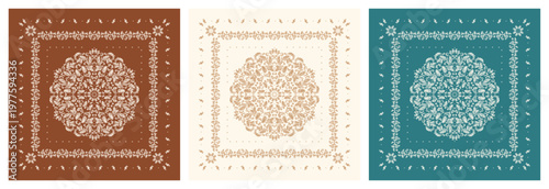 Set of Oriental Floral Bandana Prints. Elegant Ornament with Central Round Motif. Ethnic Silk Neck Scarf, Headscarf, Kerchief Vector Handmade Illustration