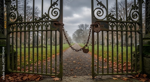 Ornate wrought iron gates leading to a misty garden landscape