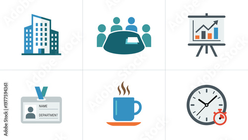 A set of six modern business icons on transparent background