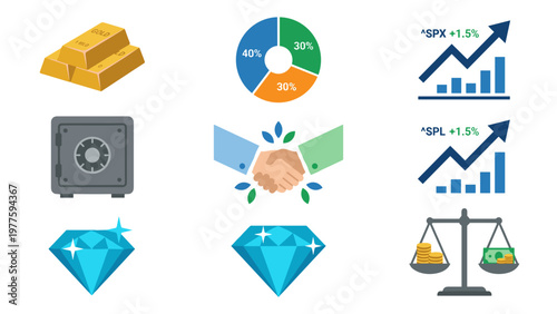 A set of colorful financial icons and symbols on transparent background