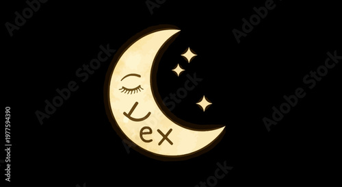 Smiling crescent moon with stars face.