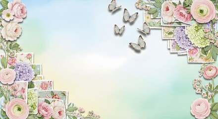 Whimsical paper craft design with beautiful roses, hydrangeas, and fluttering butterflies. The layered torn paper effect in pastel hues offers a charming, vintage-inspired creative layout