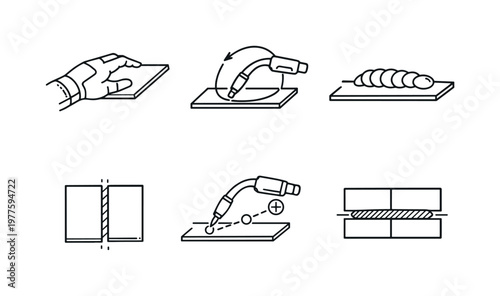Augmented Welding Icons. Line style icons of augmented weld training: virtual-hand plate, trajectory-loop arc, weld-pool bead,