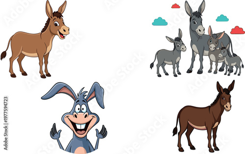 Donkey cartoon characters set with funny expressions and family group isolated on white background, cute farm animal vector illustration collection