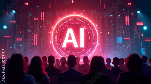 Futuristic AI Glowing Neon Logo on Stage with Audience Silhouette