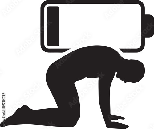 A person kneeling under the weight of a large battery on transparent background