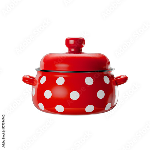Red cooking pot with polka dot pattern. Closed lid. Isolated on transparent background 3d render 