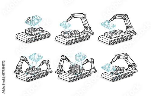 Line vector icons of a production line where real and virtual parts interact (mixed-reality assembly): belt outline, physical