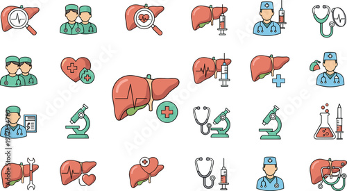 Liver healthcare and medical treatment icons vector set featuring diagnosis surgery doctor equipment and organ care in modern flat illustration collection