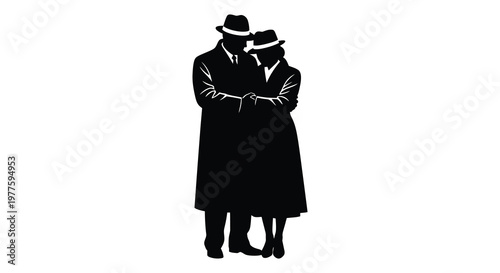 Couple embracing dressed in vintage attire a striking black silhouette