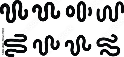 Collection of eight abstract black wavy line shapes on a white background curve