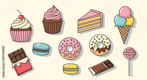 Colorful assorted sweet dessert icons.