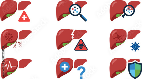 Liver disease and health icons vector set featuring diagnosis infection protection and medical conditions in modern flat illustration collection