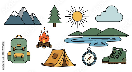 Camping gear and outdoor travel icons.