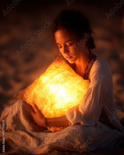 A woman embraces a glowing pillow in a dim setting, creating a warm, serene, and contemplative mood.
