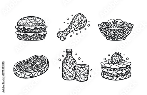Line vector icons of mushroom mycelium forming edible structures (myco-crafted food): filament lines, node cluster, organic weave