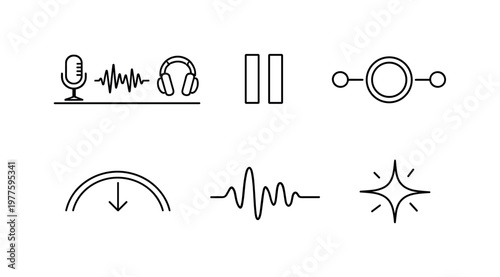 Line vector icons of an audio spot inserted into your podcast pause on a needed topic (contextual audio cue): podcast line, pause