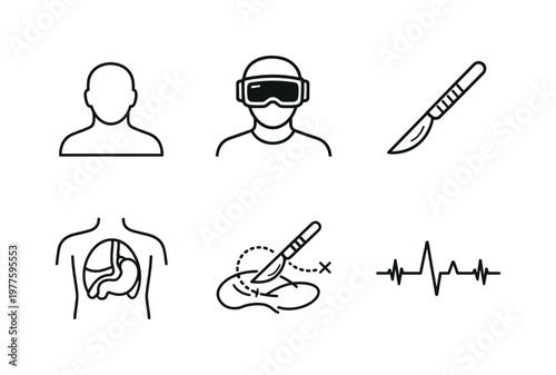 Line vector icons of a student performing a virtual surgical operation (medical simulation): trainee outline, VR mask, scalpel