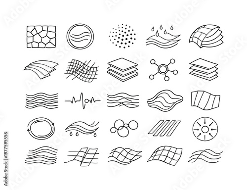 Line style icons of living architectural envelope: porous membrane tile, airflow arc ring, thermal equalizer dot, humidity vent