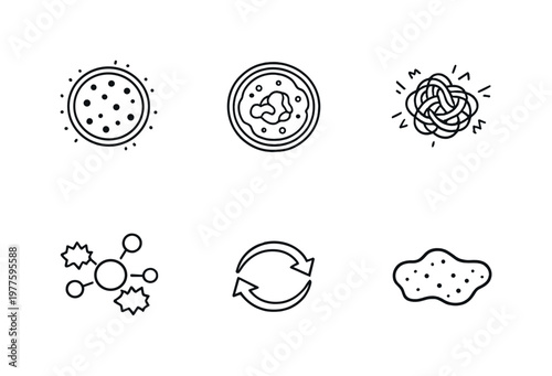 Line style icons of cellular metabolic cleanup: lysosome sphere, autophagy vesicle, waste particle knot, enzyme breakdown node,