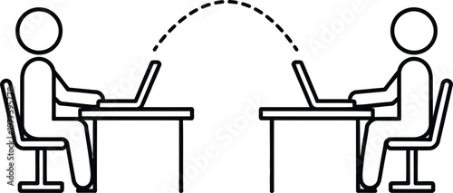 Two individuals communicating via laptops with a virtual connection line.