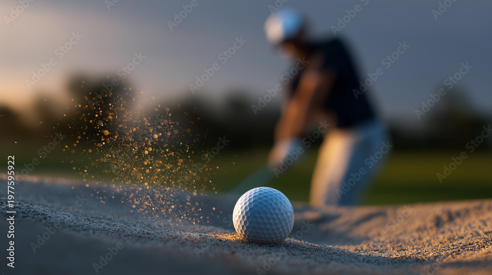 Fototapeta premium Golf ball in sand bunker with player swinging in background during sunset on golf course