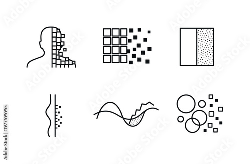 Line vector icons of an avatar composed of clean and “contaminated” data (corrupted–clean mix): avatar silhouette, clean pixel,