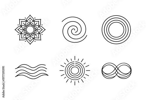 Line style icons of meditative motifs: mandala outline, spiral flow, concentric circles, gentle wave motif, expanding ring,