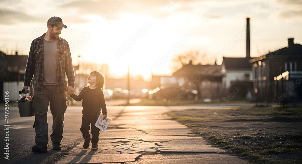 Fototapeta premium Father and son walking together at sunset on a residential street