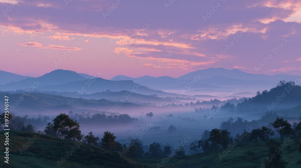 Obraz premium Panoramic view of rolling hills at sunrise with atmospheric perspective and soft colors