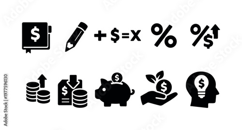 Solid vector icons of money education basics: notebook, pencil, formula, percentage, interest, inflation, income, expense,