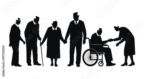 Diverse group of seniors connecting and supporting each other black silhouette