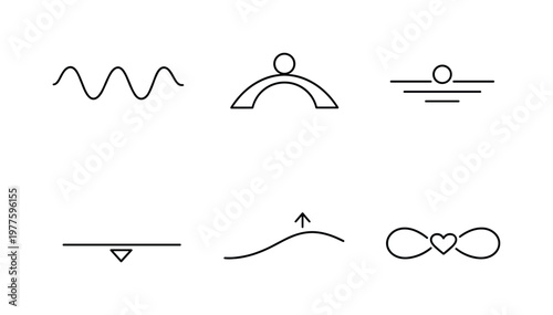 Line style icons of relaxation and grounding cues: slow-wave pattern, balance arc, stillness symbol, grounding line, gentle rise