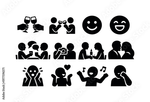 Solid vector icons of dinner celebration moments: toast, cheers, smile, laughter, conversation, memory, connection, intimacy,