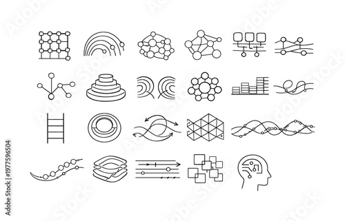 Digital Mindscape Icons. Line vector icons of a digital memory–mind pattern backup: recollection grids, thought arcs, sentiment