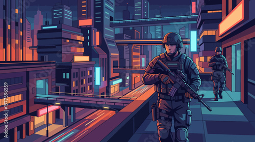 In a vibrant futuristic city, armed soldiers patrol the glowing streets, showcasing a high-tech urban environment filled with neon lights and modern architecture.