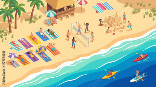 This lively beach scene depicts various people engaging in activities like volleyball and kayaking, capturing the essence of summer fun, community, and leisure under the sun.