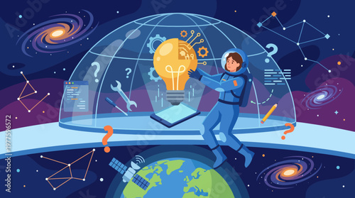 An imaginative depiction of an astronaut surrounded by symbols of innovation and science, representing exploration, curiosity, and the pursuit of knowledge in space.