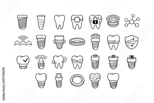 Line style icons of dental implant identifier: implant core, titanium root shape, microchip cavity, encrypted tooth surface,