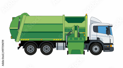 A stylized illustration of a green garbage truck designed for waste collection, representing the importance of sanitation and environmental services in modern cities.